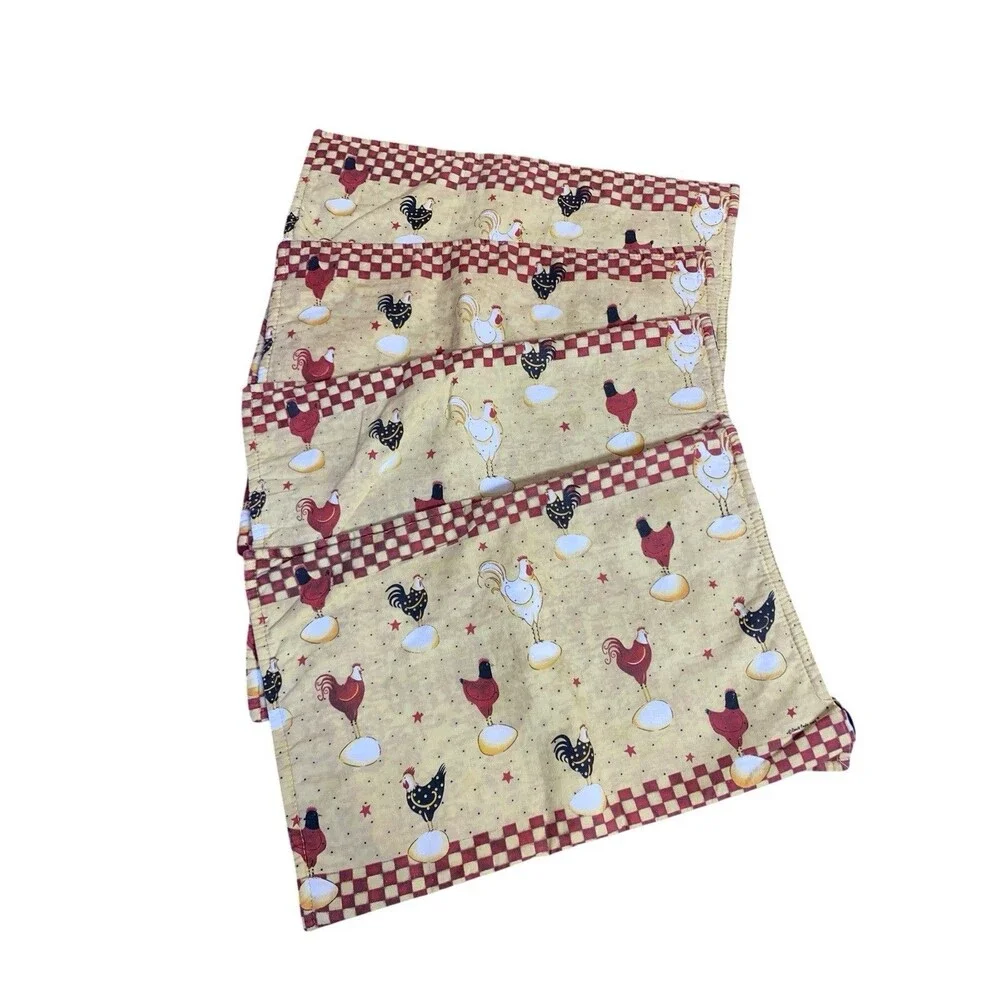 VTG Country Farmhouse Chicken Placemats Set of 4 Red Gingham Check Border